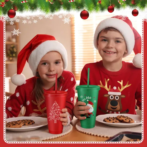 Miniatura 5 de Umigy 24 piezas de tazas de Navidad, tazas de plástico para fiesta de Navidad, 24 oz de tazas reutilizables con tapas y popotes en diferentes temas