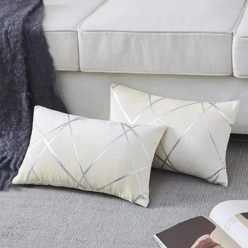 Miniatura 13 de GIGIZAZA - 2 paquetes de fundas de cojín de chenilla con rayas plateadas de jacquard para decoración de sofá