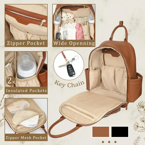 Miniatura 5 de Omanmoli Mochila para pañales, bolsa de bebé de cuero con 16 bolsillos, mochila grande para pañales de viaje, organizador esencial para bebé, 4 Negro