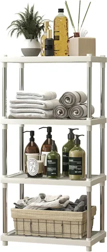 Miniatura 8 de Estantes de plástico y metal gris de 4 niveles, estantes de almacenamiento duraderos, estantes abiertos para despensa, cocina, baño, tubos de acero
