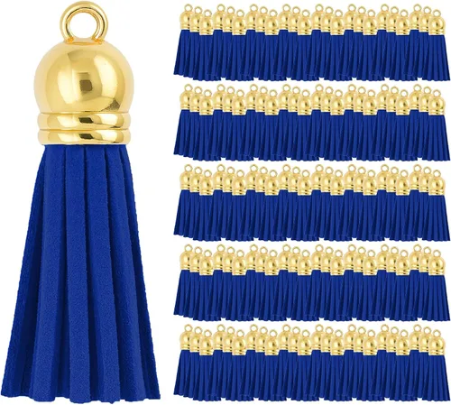 Miniatura 13 de Mandala Crafts 100 borlas de gamuza sintética color aguamarina con tapa dorada, suministros para hacer llaveros a granel, pequeñas borlas de cuero