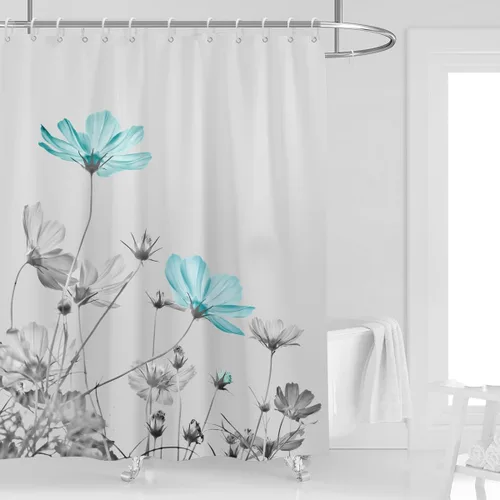 Miniatura 16 de Cortina de ducha de 72" x 72" con flores grises y rosas, gris y blanco, flores silvestres, margaritas, plantas, pintura de tinta, botánica