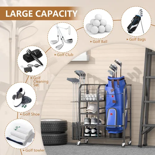 Miniatura 5 de Golf Bag Storage Organizer for Garage, Single Golf Bag Garage Organizer with Golf Club Rack, Shoe Shelves & Ball Storage, Rolling Golf Storage Rack