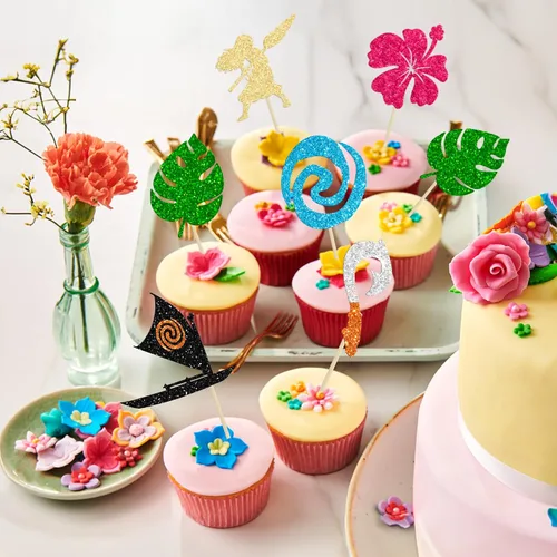 Miniatura 7 de 24 piezas inspiradas en Mo para cupcakes de cumpleaños con purpurina de hoja de palma, flor de moana, decoración de fiesta de cumpleaños hawaiana