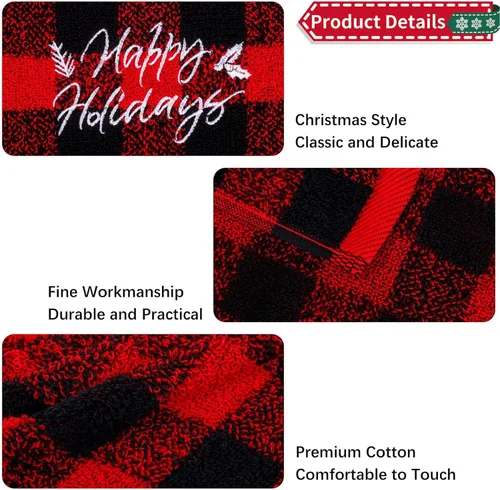 Miniatura 3 de MCEAST Paquete de 3 toallas de mano de Navidad, 18 x 14 pulgadas, color rojo y negro, a cuadros, suaves, toallas de algodón puro para baño, cocina