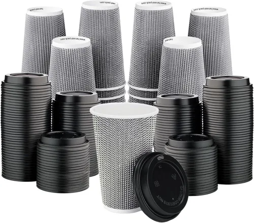 Miniatura 11 de Paquete de 85 tazas de café desechables de 16 onzas, vasos de papel de doble pared con tapas, diseño geométrico marrón, tazas de papel calientes