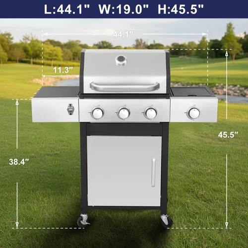 Miniatura 2 de Parrilla de gas propano 3+1 quemador de 39,000 BTU con rejillas de hierro fundido y quemador lateral, tapa de acero inoxidable de doble pared, calor