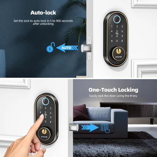 Miniatura 8 de Cerrojo de puerta inteligente con entrada sin llave - Cerradura de puerta electrónica con huella digital, teclado táctil SMONET