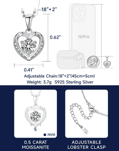 Miniatura 77 de MomentWish Collar de corazón para mujer, moissanita, diamante de imitación, plata de ley 925