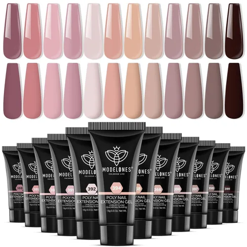 Miniatura 11 de modelones Kit de gel de extensión de polivinílico de 12 colores, juego de uñas de poliéster para todas las estaciones, colores nude, rosa, azul