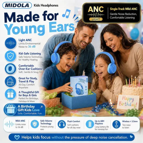 Miniatura 5 de MIDOLA Auriculares para Niños con Cancelación Activa de Ruido Bluetooth 5.4 Inalámbricos con Volumen Limitado 85/94dB, Carga Rápida Tipo C, Sobre