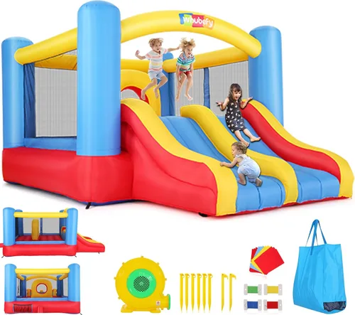Whubefy Casa de Rebote, Casa de Rebote Inflable para Niños de 3-6 Años y Niños Grandes de 8-12 Años, Tobogán Doble con Obstáculos para