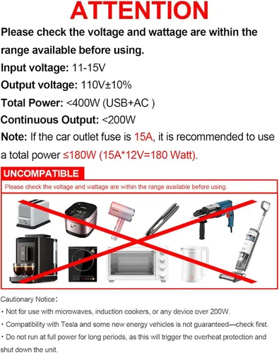 Miniatura 9 de 400 W Inversor de corriente para automóvil - Adaptador de enchufe de toma doble CC 12 V a 110 V CA, puerto USB C de carga rápida 65 W y 24 W