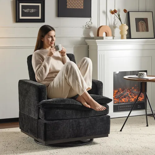 Miniatura 12 de VINGLI Silla giratoria de 360° con cojines de asiento de doble capa, sillón giratorio moderno, silla de club cuadrada tapizada para sala de estar