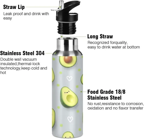 Miniatura 3 de Cute Cartoon Avocado Faces Stainless Steel Water Bottle 20 Oz Leakproof Water Bottles, BPA-Free Sports Water Bottle with Straw