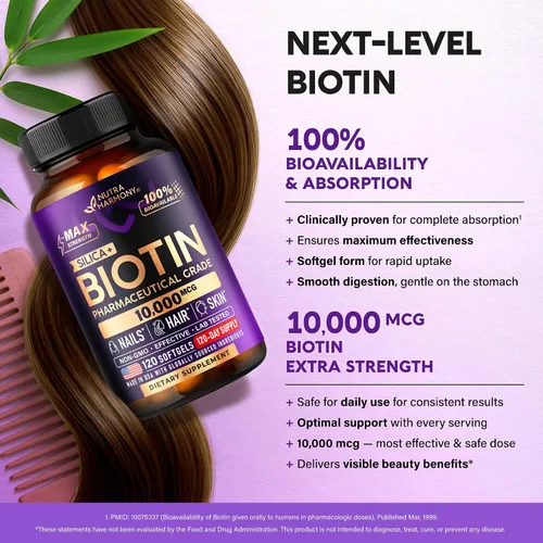 Miniatura 6 de Biotina 10000mcg con silicio – Suplemento de biotina de grado farmacéutico para mujeres – Apoyo al crecimiento del cabello, piel y uñas – Máxima