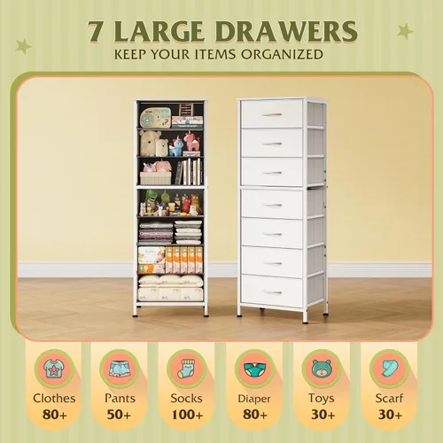 Miniatura 5 de WLIVE - Cómoda alta blanca para dormitorio, 7 cajones y cómodas, cómoda de tela para armario, sala de estar, mesita de noche con marco de metal