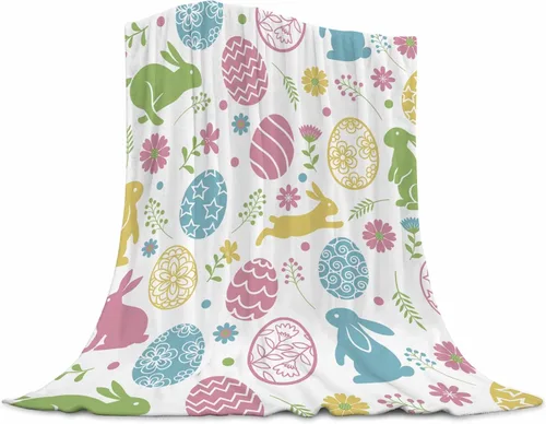 Miniatura 15 de Manta de conejo de Pascua súper suave de franela con elemento de Pascua, linda cola de conejo, huevos coloridos, árbol verde azulado, manta cálida