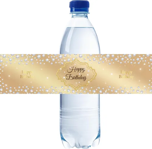 32 etiquetas doradas para botellas de agua de feliz cumpleaños, diamantes dorados con purpurina para 16/21/30/40 años, etiquetas para botellas de