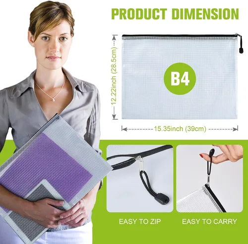 Miniatura 2 de Bolsa de malla con cremallera, 6 bolsas de malla de plástico impermeable con cremallera, bolsa de documentos de tamaño B4, bolsas extra grandes