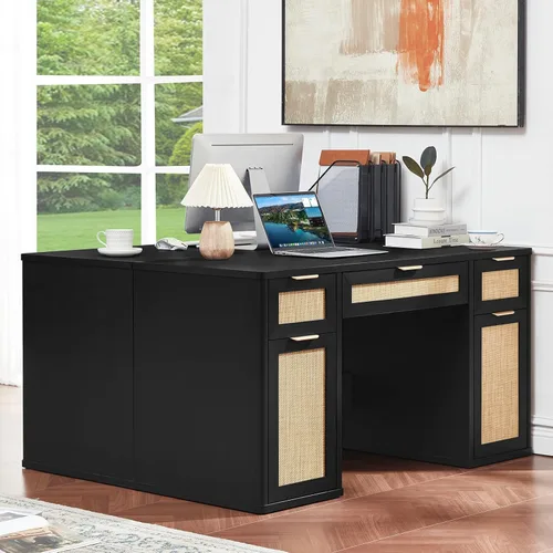 Miniatura 8 de LEYAOYAO Office Desk 56" with 5 Drawers Storage File Cabinet Rattan Wood Desk for Computer Office Bedroom Home Furniture Black