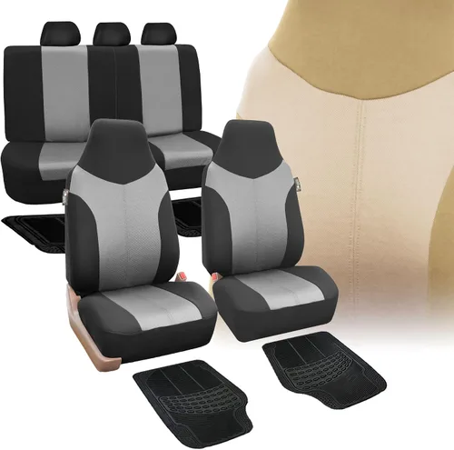 FH Group FH-FB101115 - Funda de asiento de coche con respaldo alto de tela de sarga gris y negra (juego completo listo para bolsa de aire y banco