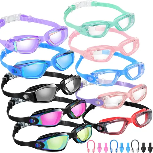Miniatura 10 de Konohan Paquete de 10 gafas de natación a granel para niños y adultos, gafas de piscina antivaho de silicona sin fugas, gafas de natación