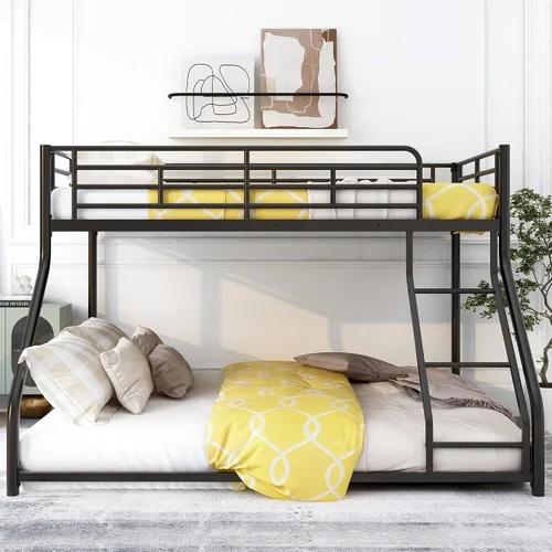Miniatura 3 de Favfurish Litera de Metal de Piso Twin XL sobre Queen con Escaleras Inclinadas y Barandillas de Seguridad para Dormitorio, Habitaciones de Negro