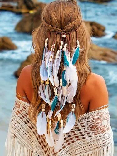 Miniatura 8 de CAKURE Diadema de plumas bohemias, diadema gitana, diadema hippie india, accesorios para el cabello para mujer