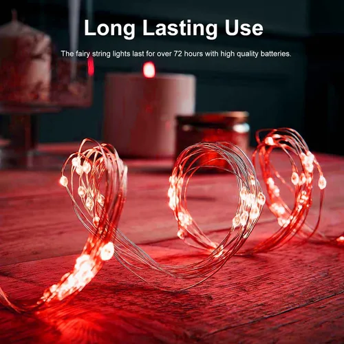 Miniatura 2 de echosari Paquete de 2 Luces de Hadas Rojas a Pilas 200 LED 66 Pies Alambre Plateado Luces de Cadena Estrelladas Temporizador Automático 8 Modos Rojo