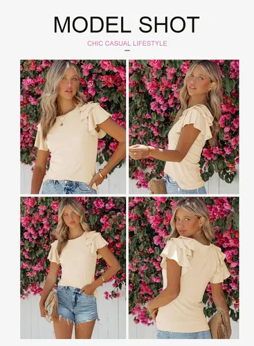 Miniatura 2 de EVALESS Blusas de verano para mujer, cuello redondo, manga corta, con volantes, color liso, ajustadas, blusas casuales