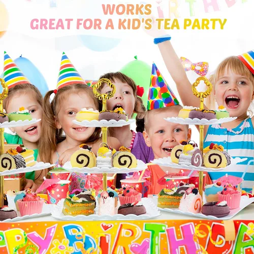 Miniatura 6 de 6 juegos de 3 niveles de soporte para cupcakes de fiesta de té, platos de postre de plástico blanco para cupcakes, bandejas cuadradas para tartas