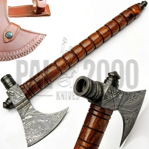 Miniatura 6 de Hacha de acero de Damasco hecha a mano, hacha de hacha Tomahawk, cuchillo, mango de madera de rosa maciza, pulgadas, hacha
