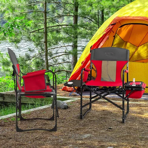Miniatura 4 de COSTWAY Silla de camping plegable, silla de director de alta resistencia soporta 400 libras para adultos con mesa auxiliar, bolsa refrigeradora, Rojo