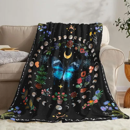 Miniatura 3 de Lifeel Manta de forro polar con diseño de mariposa y luna azul, diseño botánico floral, bohemio, acogedora decoración para siesta para sofá, cama