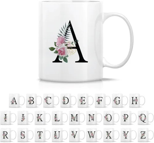 Retreez Ramo botánico floral inicial A-Z con monograma, taza con monograma de cerámica de 11 onzas, regalo de agradecimiento de agradecimiento para