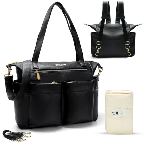 Miss Fong Bolso de cuero para pañales con almohadilla para cambiar, correas, talla única , Negro