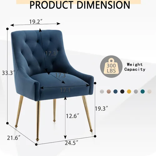 Miniatura 2 de Juego de 2 sillas de comedor, modernas sillas de comedor de terciopelo con patas doradas, elegantes sillas de acento acolchadas para recepción, sala