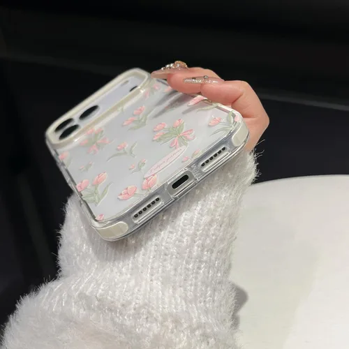 Miniatura 6 de Funda para iPhone 13, color blanco Funda para teléfono con diseño floral de tulipanes rosados para iPhone