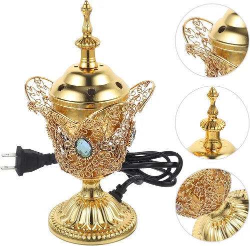 Miniatura 5 de Quemador de incienso eléctrico de metal, estilo de Oriente Medio, incensario eléctrico de mesa para hogar, oficina, yoga, spa, decoración de Dorado