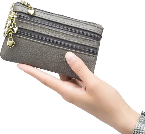 Miniatura 7 de imeetu Monedero para mujer, monedero de cuero genuino con cremallera, pequeño monedero con llavero, Gris claro, 5.1 x 3.35 x 0.59 inches, Monedero