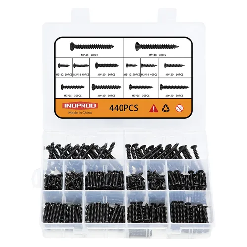 Juego surtido de 440 tornillos para madera M3 M4 M5, tornillos autorroscantes de acero al carbono de alta dureza, cabeza redonda y cabeza plana, kit