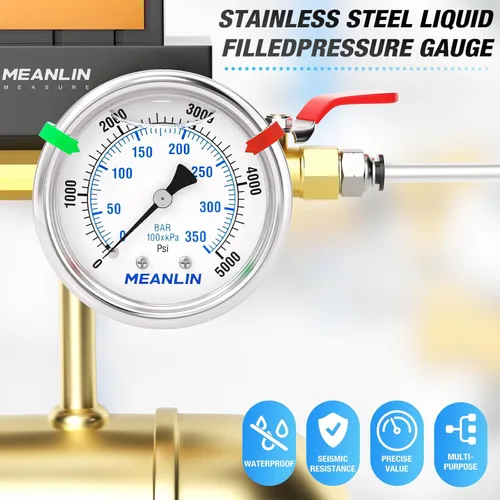 Miniatura 75 de MEANLIN MEASURE Medidor de presión de acero inoxidable relleno de líquido de 0 ~ 300 psi, esfera de cara NPT de 2 pulgadas para compresor de aire