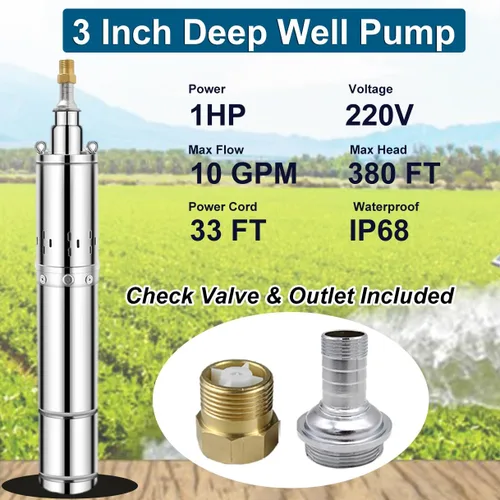 Miniatura 2 de Bomba sumergible de pozo profundo de 3 pulgadas, bomba de agua sumergible de pozo profundo de 1HP 220V para riego industrial y hogar, cable