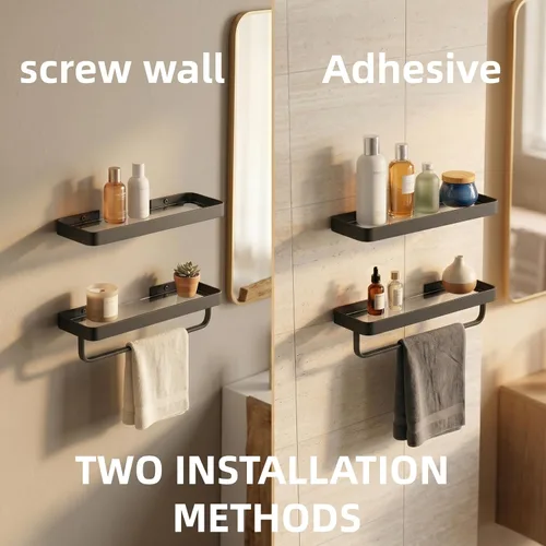 Miniatura 7 de VOLPONE Estante de pared para baño, estantes de vidrio negro, estantes de baño de 15.7in con toallero, estante para toallas, montaje en pared, 2