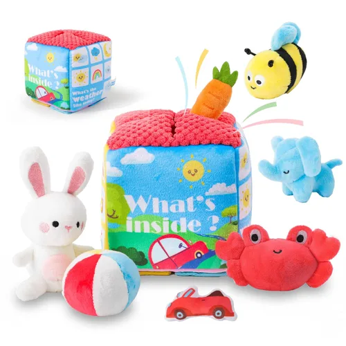 Miniatura 8 de Juguetes para bebés 6-12 meses – Mi pequeño volcán con 5 dinosaurios de peluche, juguete Montessori con sonajero, crujiente, silbato, juguetes