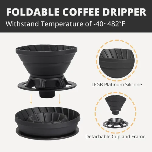 Miniatura 2 de Vandroop Juego de cafetera portátil, juego de gotero de café plegable de silicona, perfecto para viajes, campamento, hogar (taza negra de 2 tazas)