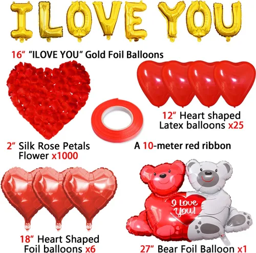 Miniatura 2 de Juego de globos y globos de aniversario, kit romántico de globos de corazón con rosa roja, decoraciones de aniversario para boda, confesión
