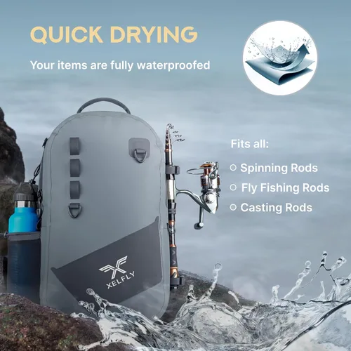 Miniatura 7 de Xelfly - Mochila de pesca impermeable con soporte para caña, válvula de aire inflable, correas acolchadas para la cintura y bucles para engranajes