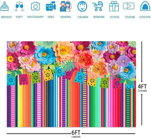 Miniatura 3 de Ticuenicoa Telón de fondo de fiesta mexicana de 6 x 4 pies, fondo de fiesta con diseño de flores de cinco de mayo, para fotos, rayas florales